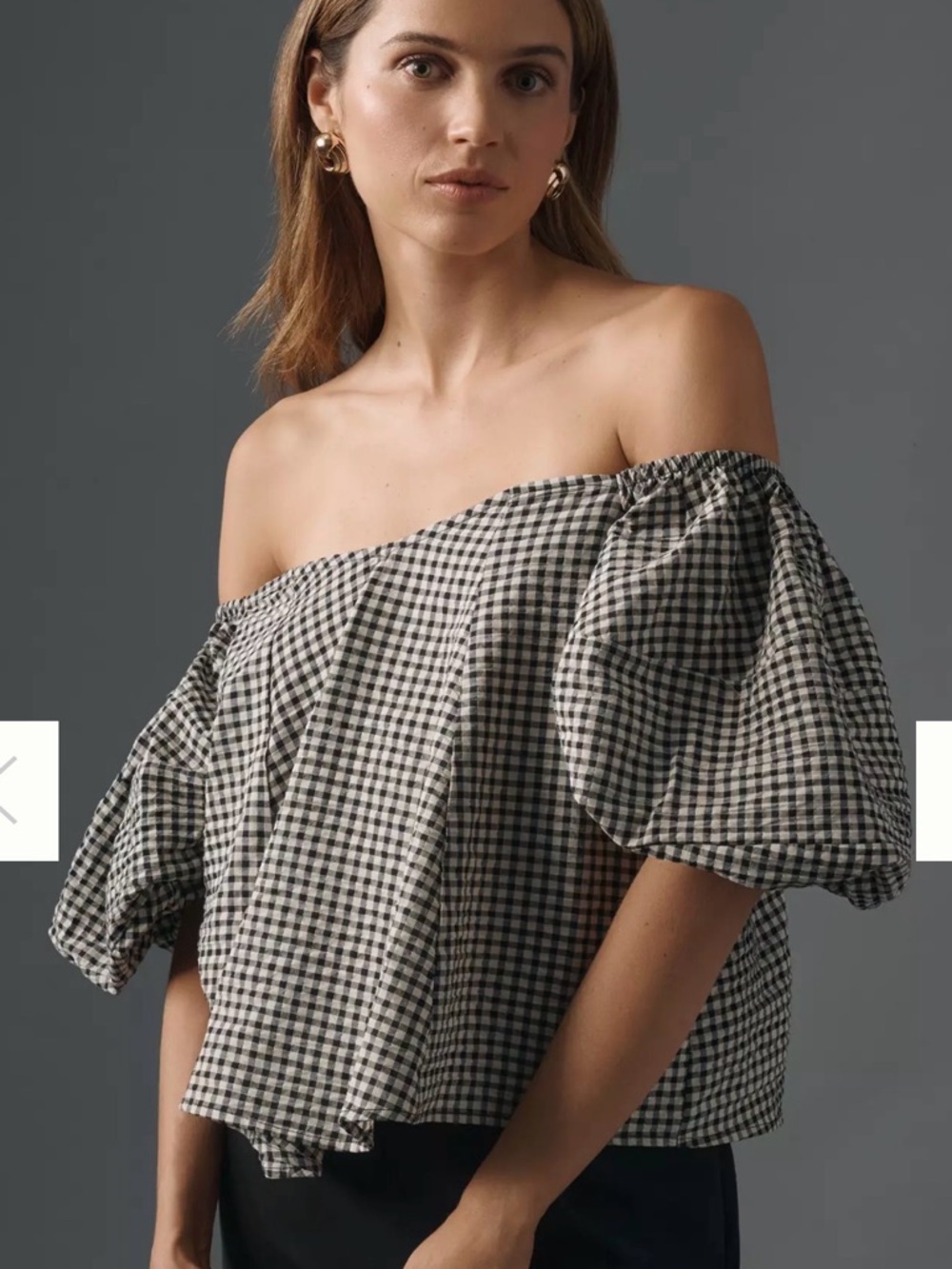 Maeve Gingham Puff Sleeve Blouse Black White Size S